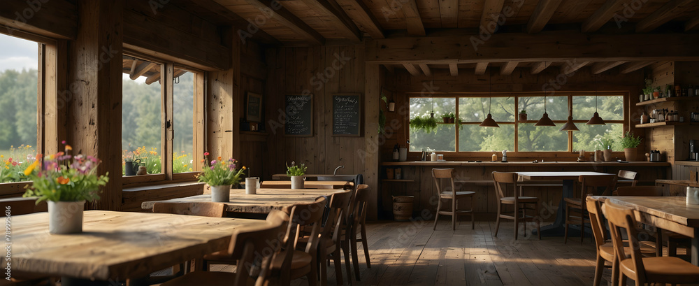 Cozy Rustic Cafe Interior with Wood Beams and Wildflowers - Nature Inspired Restaurant Design Photo Concept