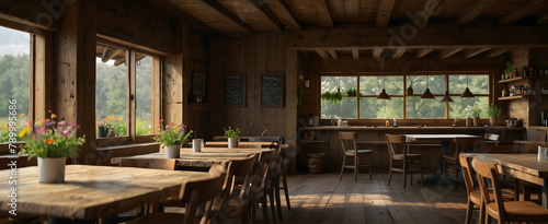 Cozy Rustic Cafe Interior with Wood Beams and Wildflowers - Nature Inspired Restaurant Design Photo Concept
