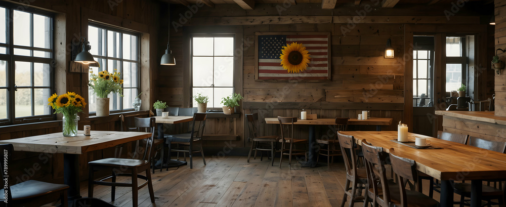 Rustic Roast: A Charming American Farmhouse Cafe with Reclaimed Wood and Sunflower Centerpiece - Realistic Interior Design with Nature Photo Stock Concept