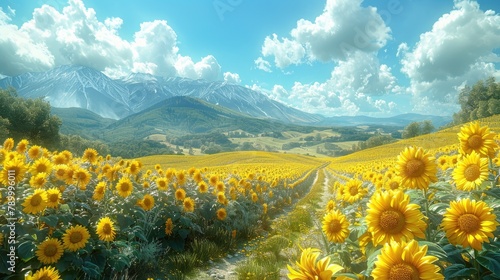 Serene Sunflower Field with Majestic Mountains in Distance