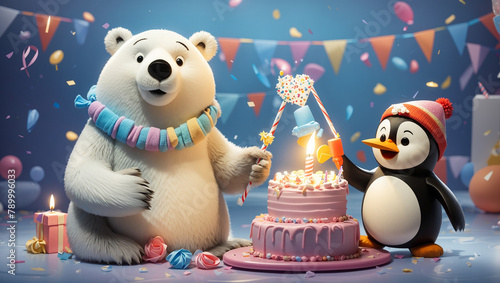A cartoon polar bear family is celebrating a birthday.