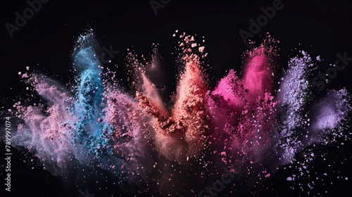 Colorful powder explosion in dark background: vibrant blue, teal, pink, and white hues in dynamic, dispersed cloud-like formations. photo