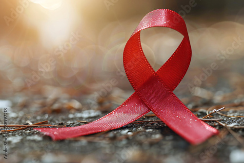 Red ribbon on textured background. AIDS awareness symbol for World AIDS Day concept. Design for healthcare, support campaign, and social solidarity photo