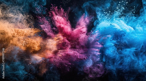 A vibrant explosion of colorful powders in orange, pink, and blue hues against a dark background, resembling a cosmic event.