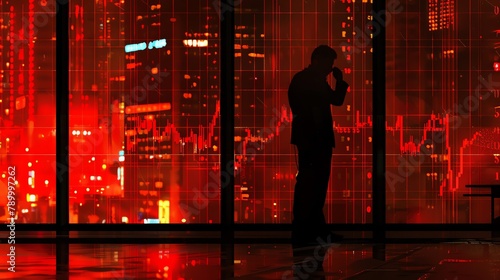 Through a rainstreaked window, we see a businessman on the phone, his silhouette etched against the red lights of a stock market crash visualization displayed on a giant screen outside photo