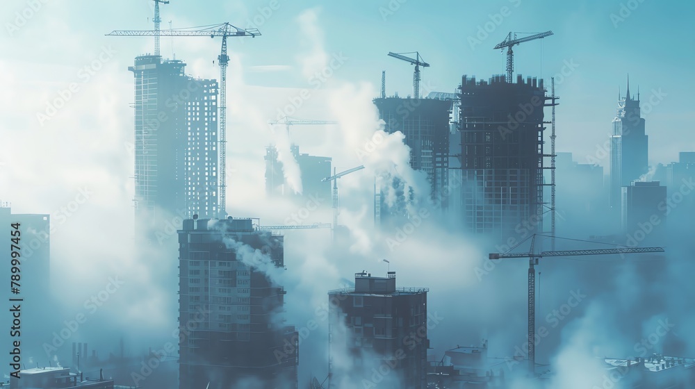 A cityscape shrouded in a cold mist, with construction cranes frozen midair, symbolizing economic stagnation in a bear market