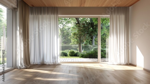 A large open room with white curtains and a large window. The room is empty and has a clean  minimalist look