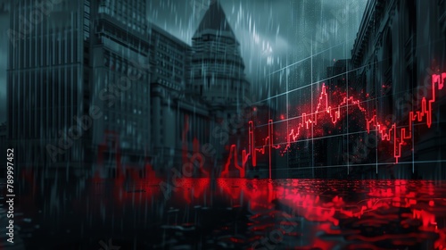 A dark and stormy landscape with a stock exchange building in the background, its windows reflecting a red, downwardspiraling graph