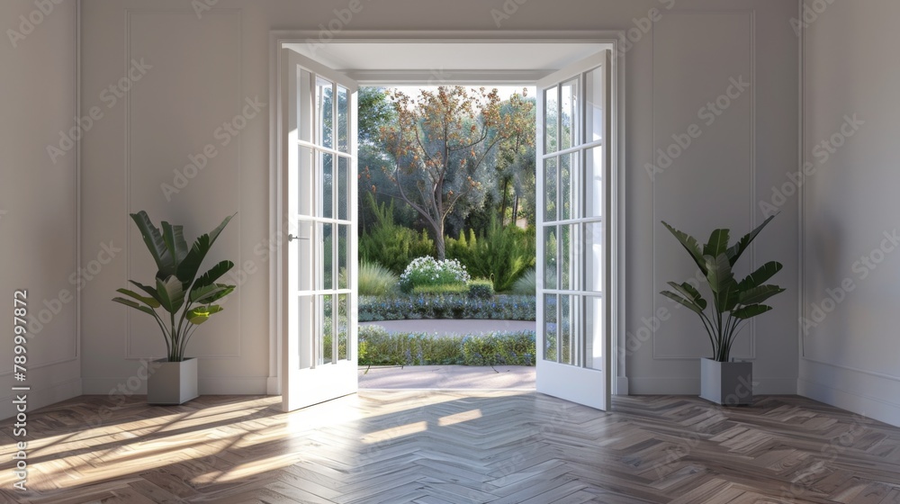 A large open doorway leads to a room with a large window and a view of a garden. The room is empty and has a clean, minimalist feel