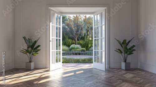 A large open doorway leads to a room with a large window and a view of a garden. The room is empty and has a clean  minimalist feel