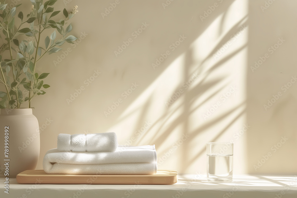 A serene bathroom scene with neatly folded towels on the counter, bathed in soft morning light. This creates a peaceful and luxurious atmosphere. The background is a warm beige wall. A serene bathroom scene with neatly folded towels on the counter, bathed in soft morning light. This creates a peaceful and luxurious atmosphere. The background is a warm beige wall.