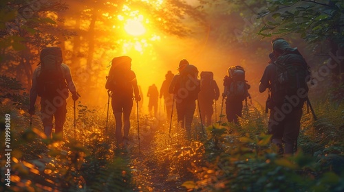 Group of Hikers Trekking Through Misty Forest at Sunrise