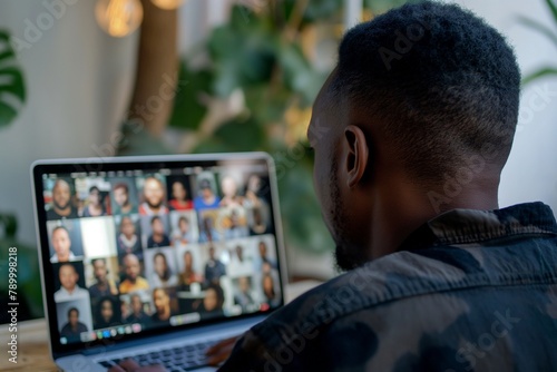 a black man doing video meeting on a laptop, zoom meeting closeup, video conference, business meeting, successful business conference meeting, virtual meeting, skype meeting, meeting photo