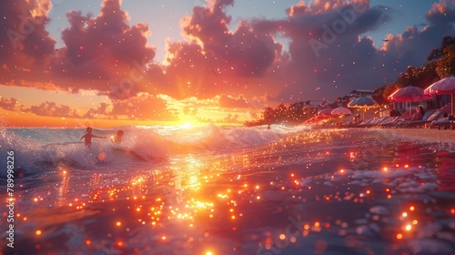 Sparkling Waves and Sunset Glow on a Busy Summer Beach