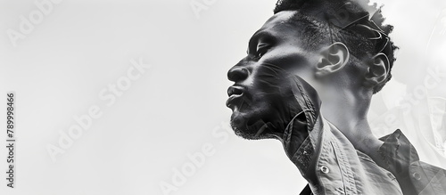 black and white portrait shot of a peaceful African American man with his eyes closed, double exposure, on a white background, noir