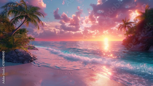 Tropical Beach Sunset with Palm Trees and Calm Ocean Waves © _veiksme_