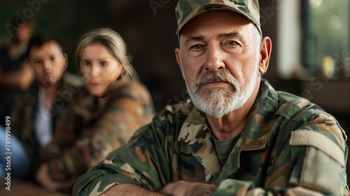 Mature male veterans in camouflage uniform sitting in circle during PTSD group therapy session. Emotional support concept.