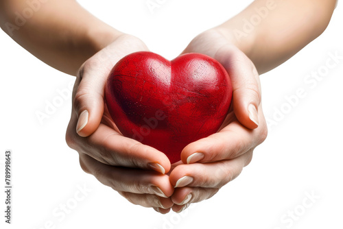 Shiny red heart cradled in caring hands isolated on transparent background