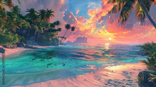 Tropical Beach Sunset with Palm Trees and Calm Ocean Waves © _veiksme_