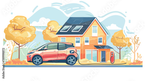 Modern house and electric car on charging against the