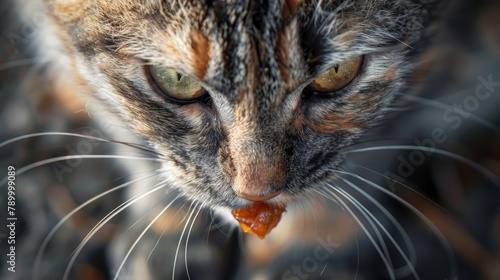 A cat with green eyes eating a piece of bread. Selective focus.