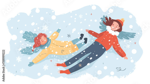 Mom and kid making angel lying on snow on winter vacation