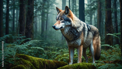 imposing and powerful wolf standing amidst the heart of a dense forest