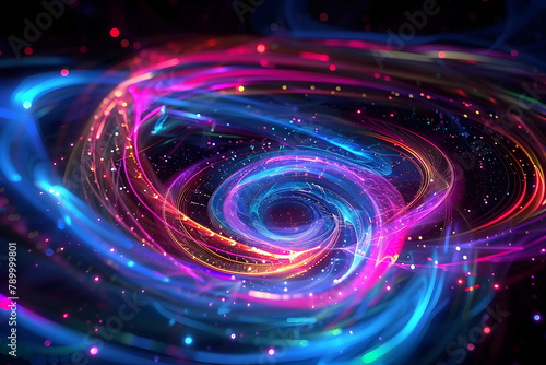 Hypnotic neon galaxy with swirling stars and planets. Mesmerizing artwork on black background.