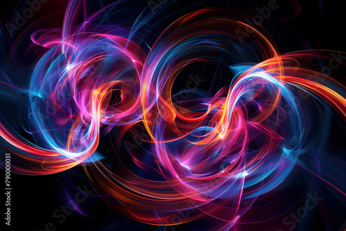 Dynamic neon swirls dancing in mesmerizing cosmic display. Abstract art on black background.