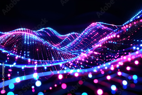 Electric neon waves weaving in digital realm of glowing lights. Abstract artwork on black background.