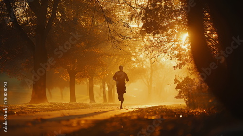Jogger in morning glow. Ideal for fitness, perseverance themes.