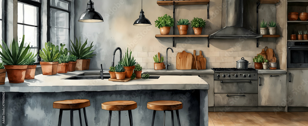 Modern Urban Kitchen with Industrial Elements and Succulent in Watercolor Hand Drawing for Realistic Interior Design and Nature Photo Stock Construction Concept
