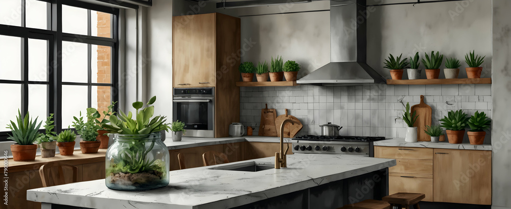 Urban Chic: Modern Kitchen with Industrial Elements and Succulent - Watercolor Hand Drawing in Realistic Interior Design Concept with Nature Photo Urban Chic: Modern Kitchen with Industrial Elements and Succulent - Watercolor Hand Drawing in Realistic Interior Design Concept with Nature Photo
