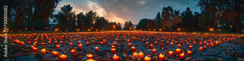 Panoramic view of numerous red candles lit in memory of AIDS victims at dusk in a park. Commemoration and World AIDS Day concept. Panoramic photo with copy space photo