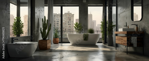 Urban Sanctuary: Realistic Watercolor Hand Drawing of an Urban Bathroom with Concrete Accents and a Green Succulent, Creating a Chic and Relaxing City Retreat - Interior Design with Nature