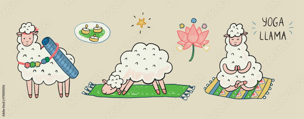 Obraz premium Yoga llama doodle vector illustrations set.