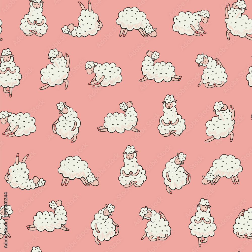 Obraz premium Yoga llama doodle vector seamless pattern.