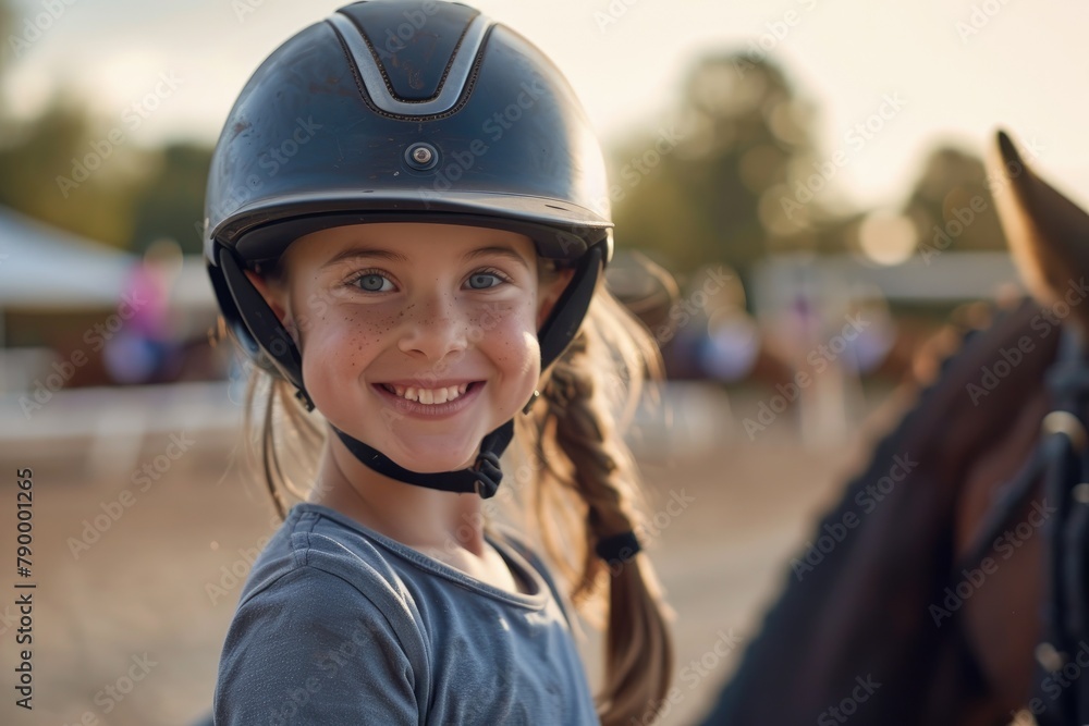 Happy young girl at horse riding lesson looking at camera while wearing equestrian helmet Happy young girl at horse riding lesson looking at camera while wearing equestrian helmet