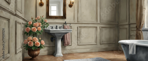 Vintage Bathroom with Classic Fixtures and Rose Bouquet, Watercolor Hand Drawing for Timeless Graceful Atmosphere in Realistic Interior Design Concept with Nature - Stock Photo Construction