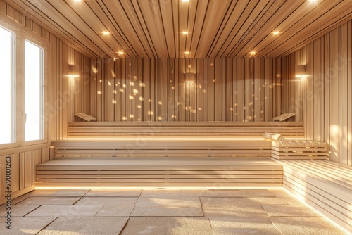 Empty finnish sauna room modern interior of wooden spa cabin with dry steam.