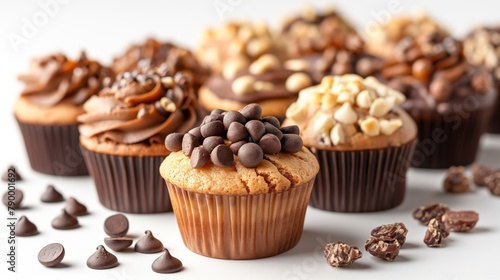 Delectable selection of muffins topped with chocolate and nuts, isolated on a white backdrop