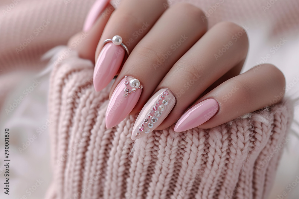 gel nails in pink pastes tone, with nail ring and inlaid shiny rhinestones gel nails in pink pastes tone, with nail ring and inlaid shiny rhinestones