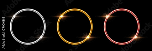 Gold, silver and bronze metal circle frames 3d vector realistic illustration. First, second and third place medals or buttons isolated on black background. Certified. Quality blank, empty badge set