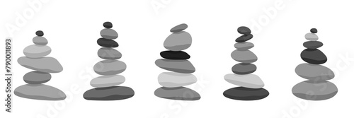 Meditation stone balance pyramid set vector illustration. Stacked pebbles black grey colors object collection isolated on white background