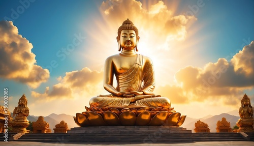 bright sun background with giant gold buddha statue from Generative AI © Arceli