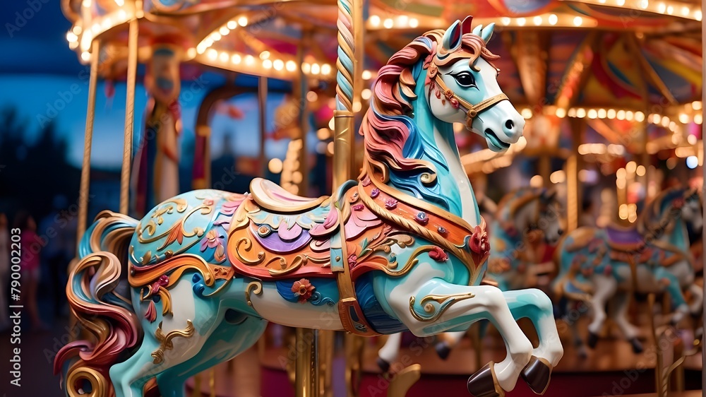 : A whimsical carousel horse, beautifully painted in vibrant hues, inviting children to take a magical ride


