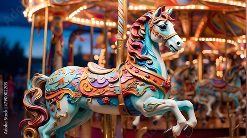 : A whimsical carousel horse, beautifully painted in vibrant hues, inviting children to take a magical ride