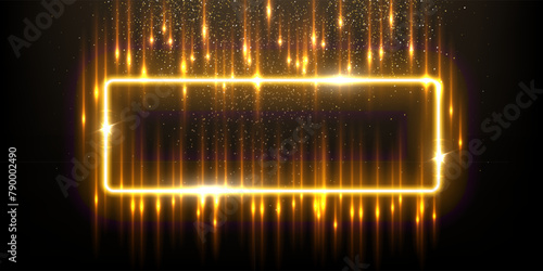 Gold rectangle shape border with flash rays and sparks vector illustration. Realistic 3D shiny golden frame with edges and fiery flare, precious jewelry and abstract star dust glow on black background