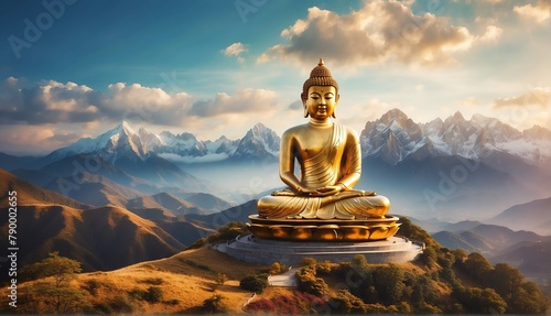 magical mountain top landscape with giant gold buddha statue from Generative AI photo