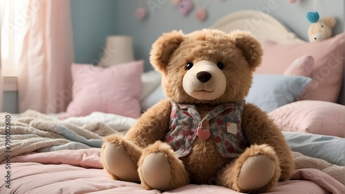 : A fluffy stuffed teddy bear sitting on a child's bed, offering comfort and companionship 